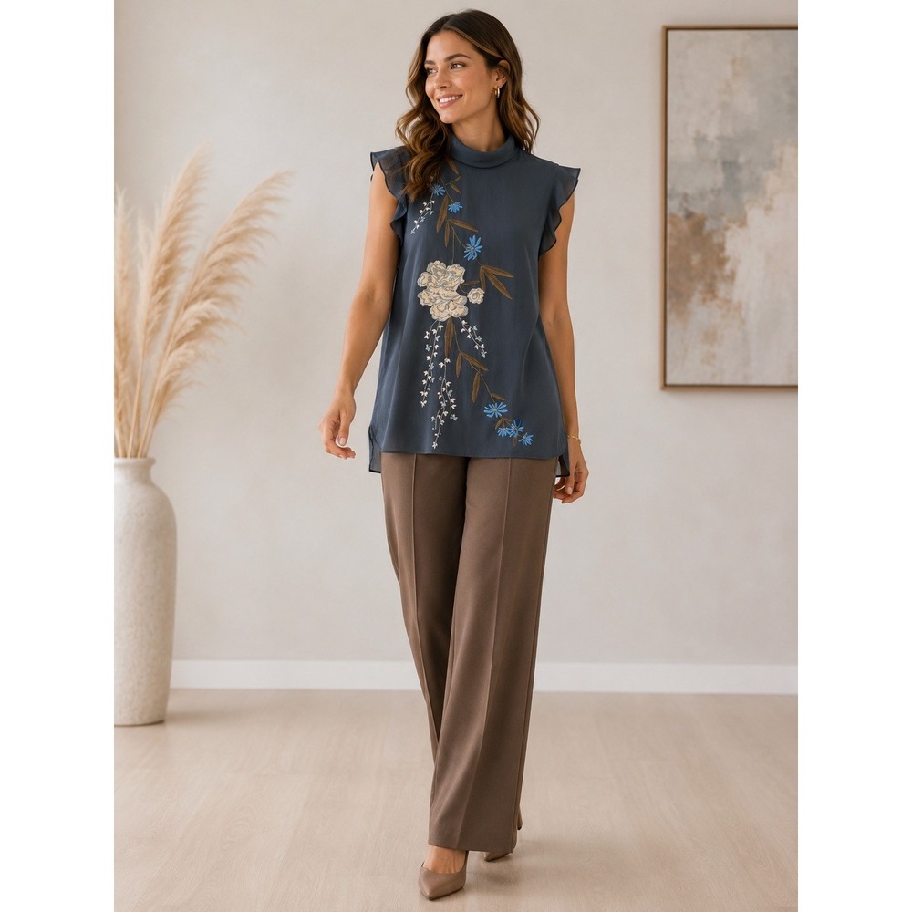 Belle Vere Womens Slate Blue Embroidered Mock Neck Ruffle Sheer Blouse  S
